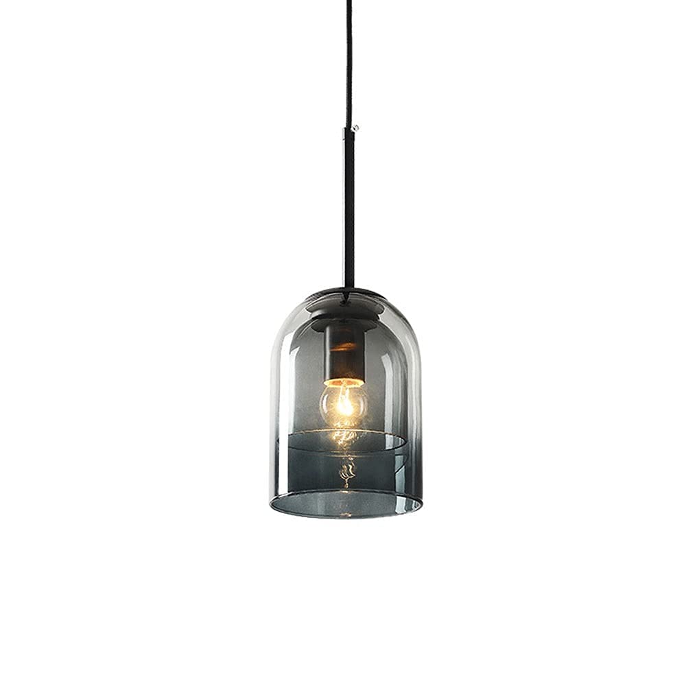 NZDY Nordic Retro Style Smoky Gray Double-Layer Single-Head Pendant Lighting, Creative Cylindrical Shape Mini Chandelier, Clear Hand-Blown Glass Hanging Lamp, Hanging Wire Adjustable Home Droplight,a
