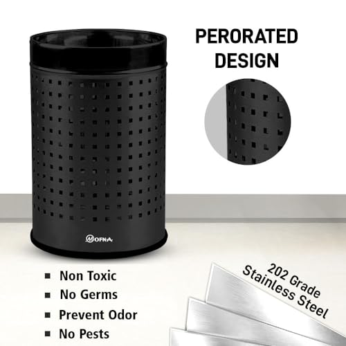 Image of mofna Stainless Steel Square Perforated Dustbin for Home, Trash Can, Garbage Bin for Bathroom, Office, Bedroom, Kitchen & Toilet or Commercial Use- (10x14 In -18 Liter, Black), Pack of 1