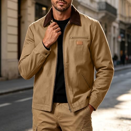 Cyvrin Jacket for Men Contrast Corduroy Collar Zip Up Long Sleeve Jacket - image 3