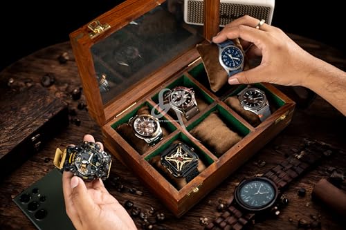Image of Royal Craft Expertise 6-Slot Watch Box for Men - Handmade Indian Rosewood Luxury Watch Case | Elegant Wooden Watch Display Box | Jewelry Organizer for Men