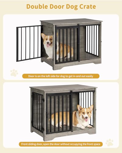 31.9" Dog Crate Furniture with Barn Door, Heavy Duty Dog Kennel Indoor with 2 Doors, Wooden Pet Cage End Table for Small Medium Dogs up to 44 lb, Anti-Chew Anti-Escape, Greige DFC83605B - Image 4
