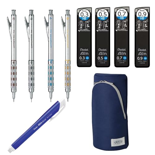 Four Graphgear 1000 Mechanical Pencil Set- 0. 3mm, 0. 5mm, 0. 7mm & 0. 9mm / Four Rerill Leads/Pen-type Triangle Eraser/Sonic Sma Sta Navy Blue Pen Telephone Case