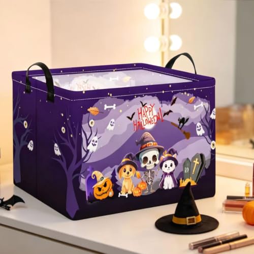 Image of Purple Spooky Night Halloween Basket with Kitten Puppy Ghost Prints,Trick or Treat Storage basket for Gifts and Party Stuffers(Kitten Puppy Skeleton)