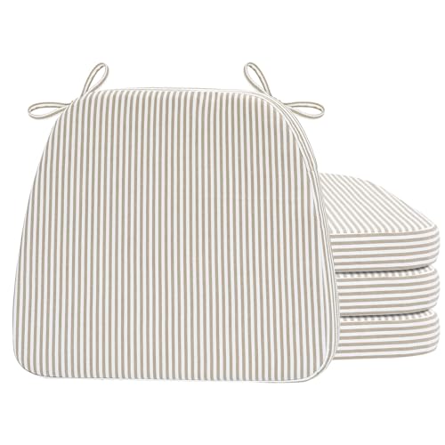 Image of AAAAAcessories D-Shaped Chair Cushions, 2 inch Thick Dining Chair Pads with Ties and Removable, Machine-Washable Cover, 17 inch x 16 inch, Set of 4, Natural Sand Pinstripe