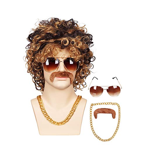 70s Wig with moustache and Chain and Sunglasses for Halloween