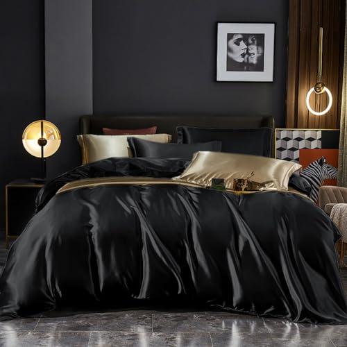 Freyamy Sommer Bettwäsche 135x200cm Kühlende Schwarz Satin Polyester Seidig Glatt Bettwäsche-Sets Unifarben Glänzend Sommerbettwäsche 1 Bettbezug mit Reißverschluss und 1 Kissenbezug 80x80cm