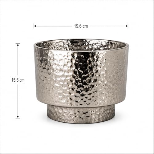 Image of Xtore Striking Textured Ceramic Planter Pot | Sculpted Metallic Silver Finish with Contemporary Appeal for Living Room, Desk & Tabletop Decor (Pack of 1,Planter Only)