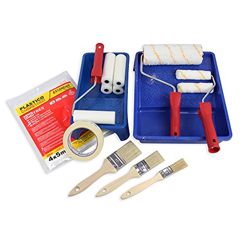 MAXI Set - Kit de rouleaux de peinture anti-goutte + mini rouleaux en mousse + kit de pinceaux plats + couverture 20 m² + Cuve grande et petite + ruban de peintre.