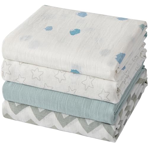 Image of POMISO Muslin Swaddle Blankets for Boys & Girls, Newborn Receiving Blankets, 4 Pack Soft Breathable Baby Swaddles, Large 47x47 Inches, Stars & Striped