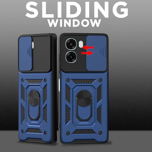Image of Pikkme Back Cover for Oppo A6X 5G | 360 Protection Case | Sliding Camera Shield Cover & Ring Holder Stand D10 Tough Armor Bumper Case (Blue)