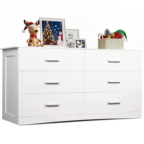 WLIVE White Dresser with 6 Drawers, Wide Wooden Chest of Drawers for Bedroom, Large White Storage Tower Unit, Modern Minimalist Closet Store Organizer for Living Room, Hallway