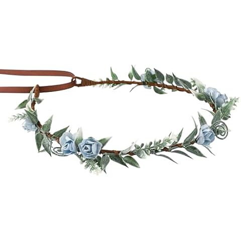 KorViSHOW Flower Crowns for Women Girls - Handmade Fairy Wreath Renaissance Garland Bridal Cosplay DIY Halloween Christmas Maternity Shoot Vacation Photography Props Shower Blue Rose Cover