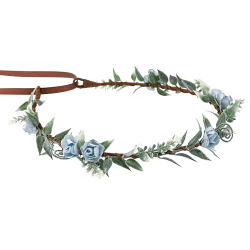 KorViSHOW Flower Crowns for Women Girls - Handmade Fairy Wreath Renaissance Garland Bridal Cosplay DIY Halloween Christmas Maternity Shoot Vacation Photography Props Shower Blue Rose