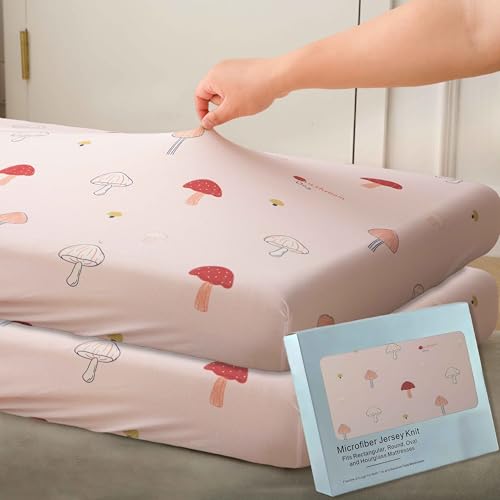 Image of SDY Jersey Mushroom Crib Sheets for Baby Girls,52 inchx28 inchx8,2 Pack,Pink Cute Kawaii Standard Oval /Retangle Crib Mattress Sheets for Toddler,Super Soft Breathable