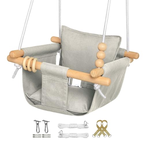 Image of Baby Swing Outdoor and Indoor - Canvas Baby Swing 6 Months to 3 Years, Durable Hanging Baby Chair, Full Set of Ceiling Screws (Smoke)