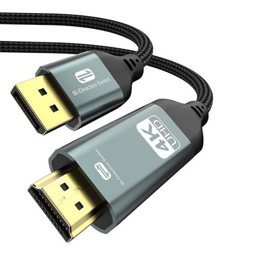 4K Bidirectional HDMI to Displayport Cable 6.6Ft (4K@60Hz/2K@120Hz) Male to Male Adapter Bidirectiona Display Port to HDMI Braided Cord DP to HDMI Compatible with AMD NVIDIA Desktops and Monitors