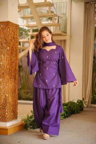 Image of ANNI Designer Women's Cotton Blend Embroidered Straight Kurta with Farshi Salwar and Dupatta | Ethnic Kurta Set for Women Stylish Indian Outfit Designer Suit Set Ethnic Clothing Collection