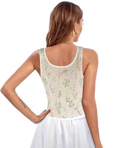 Women's Vintage Floral Renaissance Corset Top for Women Y2k Sleeveless Drawstring Floral Flower Embroidered Top2