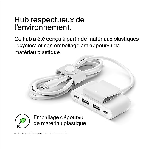 Hub Belkin BoostCharge 4 ports 2 USB C et 2 USB A avec câble de 2 m Blanc