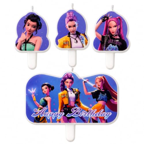 Image of Wanna Party Korean Pop Inspired Fantasy Hunter Birthday Cake Candles - 4PC Set, Decorative Character Theme Candle Toppers for Kids Birthday Party, Cake Decoration