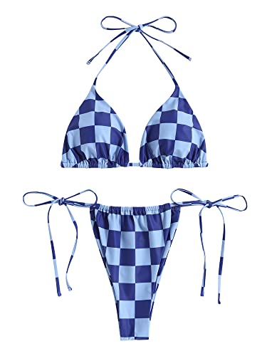 Image of ZAFUL Womens Printed Triangle Bikinis 2 Piece Halter Bikini Sets High Cut Bathing Suit Side Tie Swimsuits