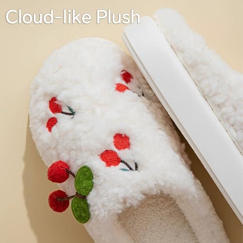Winter Fluffy House Slippers for Women with Fruits Cherries, Fuzzy Home Bedroom Cotton Shoes, Soft and Cute Plush House Slides with Memory Foam, Kawaii, Cozy4