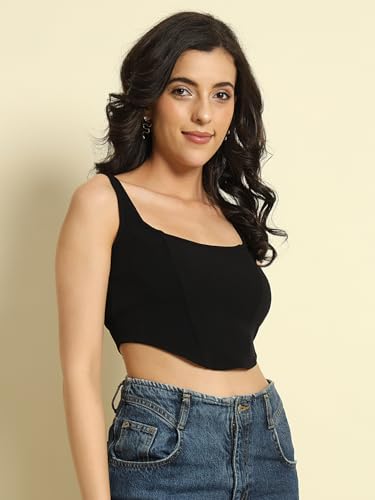 Image of Trend Arrest.ed Women's Stretchable Corset Style Crop Top | Square Neck Sleeveless Zipper Back Body-Hugging Fit | Casual