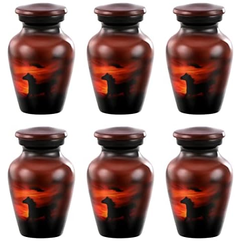 Forever URNS Mini Cremation Funeral Urn with Printed Running Horse Theme for Human Ashes of Female & Male | 3 cu in | Set of 6 | Small | Brown | Completely Handcrafted with Velvet Protection Box Cover