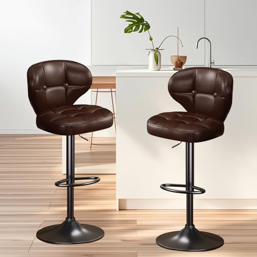 Image of Bar Stools Set of 2,Adjustable Swivel Barstools, Modern PU Leather Upholstered Bar Chair with Back and Footrest,for Bar, Kitchen, Dining Room Brown-2