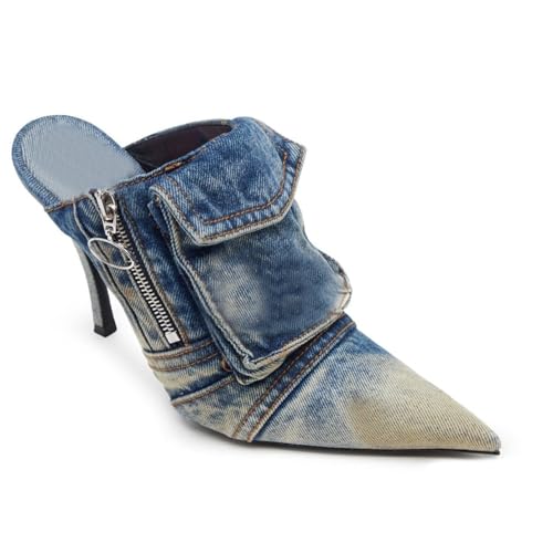 Denim Heeled Mules for Women Pointed Toe Slingback Pumps Slip-on Stiletto High Heel Jeans Mules Slides Fashion Casual Backless Dress Shoes2