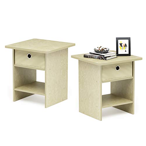 Image of Furinno Dario Set of 2 Square Side Table, End Table, Beige Marble | with Storage Bin, Round Corner Night Stand, Bedside Table with Open Back Shelf, for Living Room, Bedroom