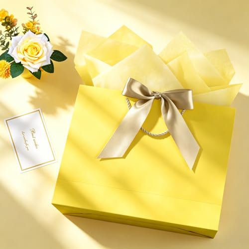 Image of JMANNI Gift Bags with Handles, 13 inch Medium Gift Bag for Presents, 2 Pcs Bags with 4 Tissue Paper and 2 Cards for Baby Shower Wedding Bridal Shower Mother's Day Birthday Party (yellow)
