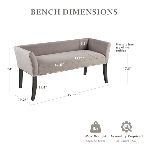 Image of Madison Park Accent Bench, Upholstered with Nailhead Trim, & Padded Seat Entryway Bench Small, End of Bed Bench with Back, 49.5 inch W x 19.25 inch D x 23 inch H, Grey