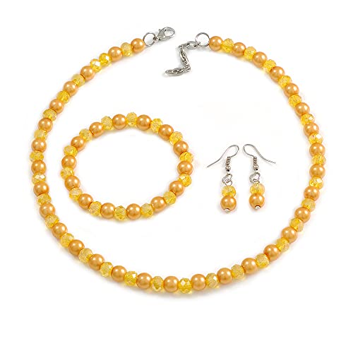 Juego de collar de perlas amarillo limón pulsera y pendientes de gota de 43 cm