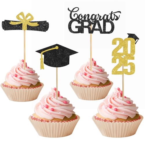 Graduation Cupcake Toppers 2025, 2025 Graduation Party Decorations, 24 PCS Glitter Class of 2025 Cake Toppers, Gold Congrats Grad Cap Diploma Cupcake Picks Food Picks for Graduations Party Decorations