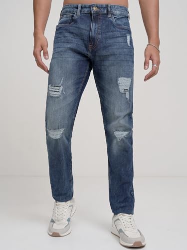 Image of Highlander Mens Tapered Fit Denim Jeans|Jeans for Man Regular Length|Distressed Jeans |Mid-Rise|Stylish Casual Wear with Stretchable Fabric for Everyday Comfort
