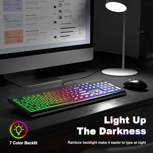Image of Atelus Large Print Backlit Keyboard, USB Wired Computer Keyboard, Full Size Keyboard with Rainbow Illuminated LED Compatible for Windows Desktop, Laptop, PC, Gaming, Black