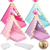 Lemosae 4 Pack Teepee Tent for Kids Slumber Party with Mattress,Fitted Sheet,Light String,Natural...