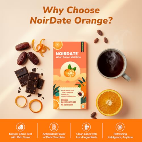 Image of NoirDate Orange Dark Chocolate - 15g, Bean to Bar, Sweetened with Dates, Refined Sugar Free, Clean Label, Healthy & Tasty Indulgence, Vegan, Gluten-Free, Antioxidant Rich (Pack of 6)