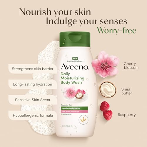 Image of Aveeno Daily Moisturizing Body Wash with A Shea Butter Berry Scent & Soothing Prebiotic Oat, Provides Long-Lasting Hydration for Sensitive Skin, Hypoallergenic, Paraben-Free, 18 fl. oz