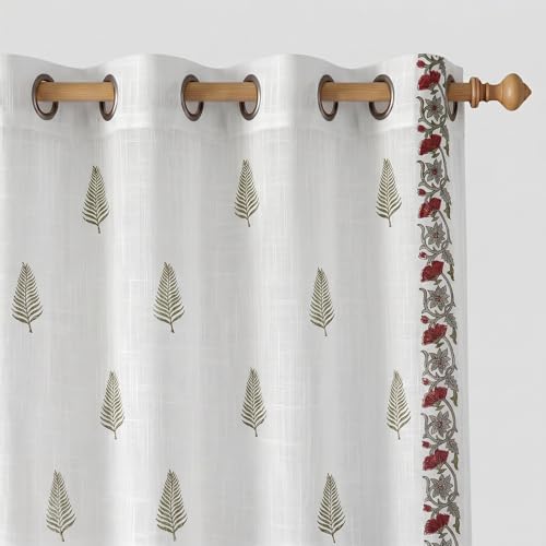 Image of LINENWALAS Decorative Cotton Linen Sheer Curtains 7 Feet for Door -Block Printed Door Curtain | Grommet Hanging Style Pack of 2 Panels |Light Filtering Sheer Drapes (Fern)