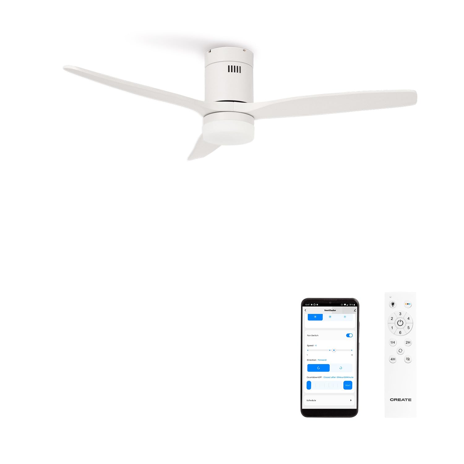 CREATE / WINDCALM S/Ventilador de techo ABS con luz blanco con Wifi y mando / 40W, Silencioso, Ø112 cm, 6 velocidades, 3 temperaturas de luz, temporizador, función verano-invierno