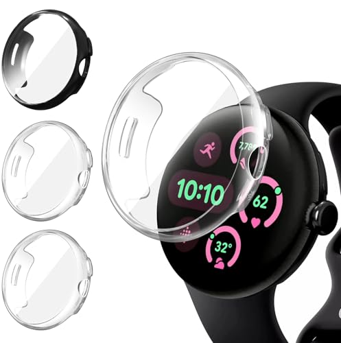 iVoler 3 Piezas Funda con Protector de Pantalla para Google Pixel Watch 3 41mm (2024), Protección Completa Carcasa Protectora Delgado Suave TPU Anti-Arañazos Case, 2 Transparente + 1 Negro