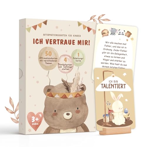 Hyggartn Affirmationskarten Kinder ab 3 Jahren 55 positive Karten mit Holzständer für Achtsamkeit Gefühle & Selbstvertrauen liebevolles Geschenk für Jungen & Mädchen