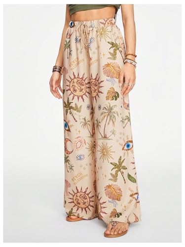 Women's Paisley Pants Boho Printed Flowy Knot High Waisted Hippie Casual Baggy Trousers4