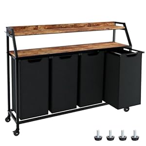 Laundry Hamper, Laundry Sorter 4 Section, Rolling Laundry Basket with Wheels, 2 Shelves, 4 × 14.5 Gal, Pull-Out and Removable Laundry Bags, for Laundry Room, Black and Rustic Brown