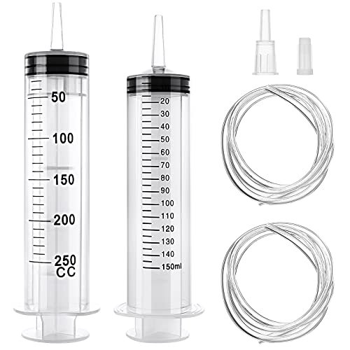 2 Packs Grote Plastic Spuit, Herbruikbare Vloeibare Spuit met Katheter Voor Laboratorium, Industrie, Tuin, Dierenvoeding, Olie of Lijmtoepassing (150ML+250ML)