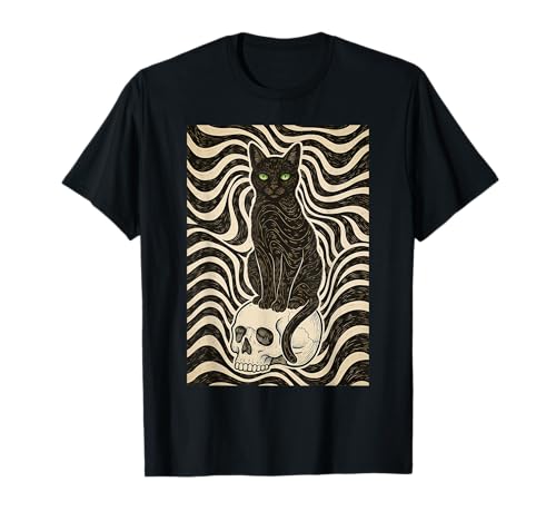 Chat Noir Gothique sur Crâne Vintage Style Linogravure T-Shirt