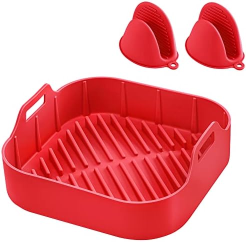 Upgraded Air Fryer Silicone Liner, HEETA Reusable Air Fryer Silicone Pot with Gloves 20cm Airfryer Accessories Compatible with Ninja/Tower/COSORI-Red (Square
