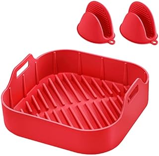 Upgraded Air Fryer Silicone Liner, HEETA Reusable Air Fryer Silicone Pot with Gloves 20cm Airfryer Accessories Compatible with Ninja/Tower/COSORI-Red (Square